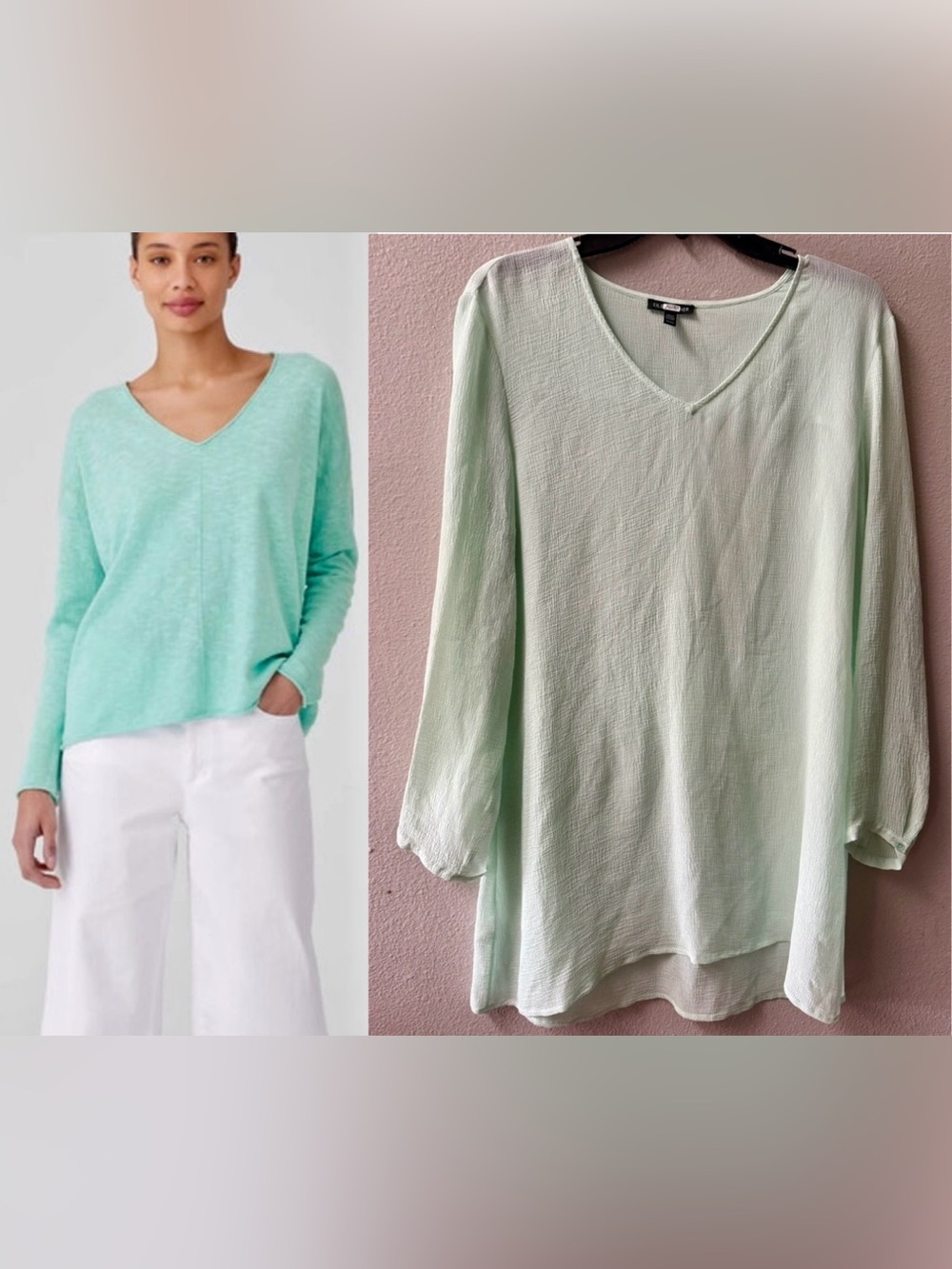 EILEEN FISHER CRINKLED ORGANIC LINEN SLUB V-NECK TUNIC SAGE GREEN Sz.M